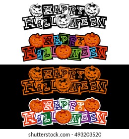 Vector color and black and white illustration grunge lettering happy halloween and jack-o-lantern pumpkin set. 