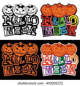 Vector color and black and white illustration grunge lettering halloween and jack-o-lantern pumpkins set. 
