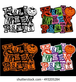 Vector color and black and white illustration grunge lettering halloween party and jack-o-lantern pumpkin set. 
