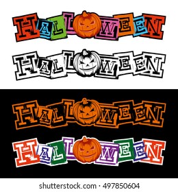 Vector color and black and white illustration grunge lettering halloween and jack-o-lantern pumpkin set. 
