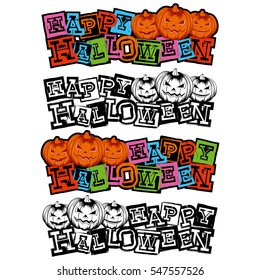 Vector color and black and white illustration grunge lettering happy halloween and jack-o-lantern pumpkins set. 