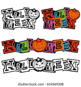 Vector color and black and white illustration grunge lettering halloween and jack-o-lantern pumpkin set. 