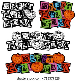 Vector color and black and white illustration grunge lettering happy halloween and jack-o-lantern pumpkins set. 