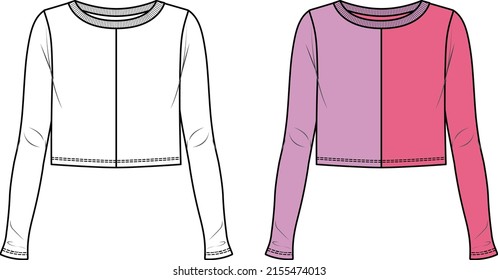 Vector color block long sleeved t shirt fashion CAD, woman winter round neck crop top technical drawing, template, sketch, flat, mock up. Jersey modern crop top with front, back view, white color