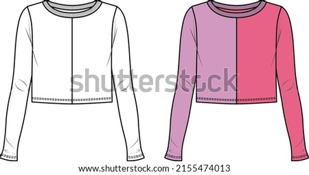 Vector color block long sleeved t shirt fashion CAD, woman winter round neck crop top technical drawing, template, sketch, flat, mock up. Jersey modern crop top with front, back view, white color