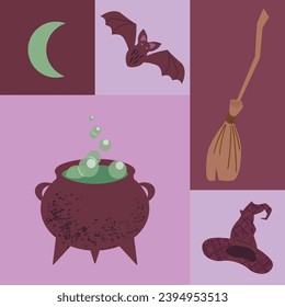 Vector color block seamless pattern  with witch hat, cauldron, broom, bat, and crescent moon. Background, wallpaper, paper or textile print.
