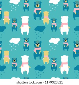 vector color blue bear animal simple scandinavian style winter snowflakes cloud scarf childish for your paper textile design seamless repeating pattern