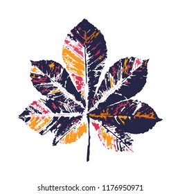 Vector color blue chestnut Leaf print. Inkprinted leaves of the trees on paper. Traced vector image.