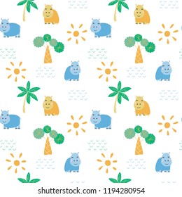 vector color blue yellow smiling hippo animal simple scandinavian style doodle palm tree sun childish for your paper textile design