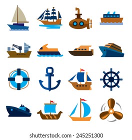 vector color boat and ship icons set on white