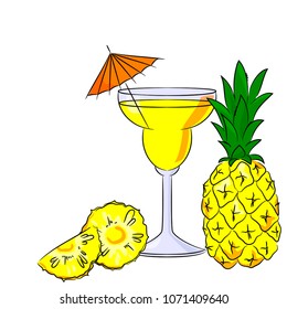 vector color bright yellow fresh juicy pineapple drink in glass with fruit whole and slices and umbrella beach cocktail