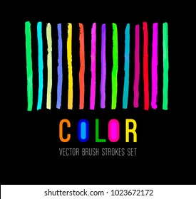Vector color brush strokes set. Vertical paint stripes. Bright paintbrush design elements collection. Isolated. Irregular shapes and grunge lines. EPS 10.