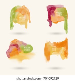 Vector color brush strokes set. Watercolor Grunge isolated elements. Smoke brushes for your design. Freehand. Ink splash. Acrylic stamp. Vector illustration