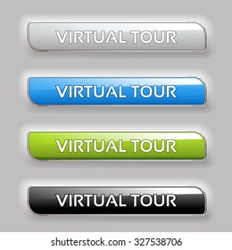 Vector color buttons for virtual tour, black, white, blue and green rectangle labels, glossy design 