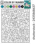 Vector color by number activity with unicorn, stars, half-moon. Fairytale night landscape scene. Black and white counting game with cute little fantasy animal princess. Magic coloring page for kids
