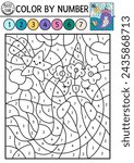 Vector color by number activity with narval and falling star stars, half-moon. Fairytale landscape scene. Black and white counting game with cute little fantasy animal. Magic coloring page for kids
