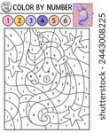 Vector color by number activity with unicorn head. Fairytale landscape scene. Black and white counting game with cute little fantasy animal princess. Magic coloring page for kids

