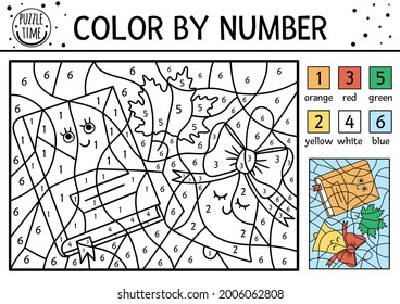 Vector color by number activity with cute kawaii book, bell and maple leaf. Back to school coloring and counting game with comic characters. Funny autumn coloration page for kids. 
