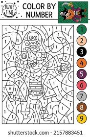 Vector color by number activity with cute pirate. Treasure island scene. Black and white counting game with cute captain with hook and sable. Sea adventures coloring page for kids
