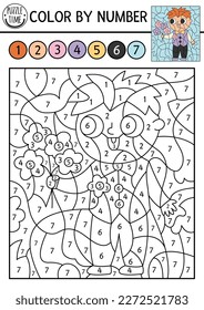 Vector color by number activity with cute boy in smart suit with flowers. Marriage ceremony scene. Black and white counting game or coloring page with little wedding guest for kids
