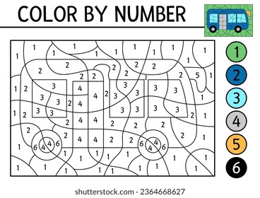 Color vectorial por actividad numérica con bus azul. Lugar del transporte urbano. Juego de conteo en blanco y negro con autobus. Página de Coloración para niños con transporte público
