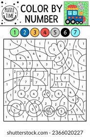 Vector color by number activity with steam train. Railway transport scene. Black and white counting game with engine. Coloring page for kids with railroad transportation
