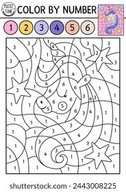 Vector color by number activity with unicorn head. Fairytale landscape scene. Black and white counting game with cute little fantasy animal princess. Magic coloring page for kids
