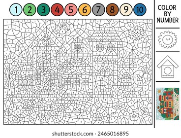 Vector color por número actividad con el escenario de la ciudad con hermosa casa rodeada de jardín. Juego de conteo en blanco y negro con paisaje de pueblo pequeño y técnicas especiales. Dibujos para colorear para niños
