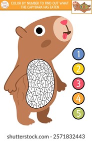 Vector color by number activity with capybara and food in his stomach. Capibara black and white counting or colouring game. Simple coloring page for kids with cute animal and ice cream