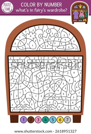 Vector color by number activity with fairy wardrobe. Fairyland black and white counting or colouring game. Simple coloring page for kids with girl clothes, dress, shoes, hats in closet
