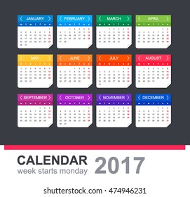 Vector color Calendar 2017. Week Starts Monday. Simple Vector Template. Web icon. Set of isolated page for print design