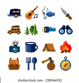 vector color camping theme icons on white background