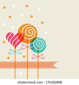 Vector color candy in heart swirl shape and banner. Decorative background for print, web