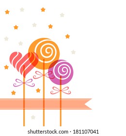 Vector color candy in heart swirl shape and banner. Decorative background for print, web