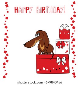 vector color card of decorative cartoon dachshund dog with presents and words happy birthday