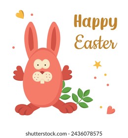Vector color card with Easter bunnies. Easter egg hunt invitation template on white background. Easter religious holiday concept. Greeting card with design elements and text. 