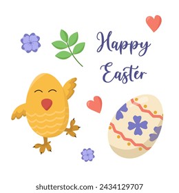 Vector color card with Easter chickens and eggs. Easter egg hunt invitation template on white background. Easter religious holiday concept. Greeting card with design elements and text