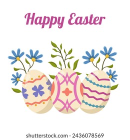 Vector color card with Easter eggs, flowers and leaves. Easter egg hunt invitation template on white background. Easter religious holiday concept. Greeting card with design elements and text. 