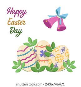 Vector color card with Easter eggs with leaves. Easter egg hunt invitation template on white background. Easter religious holiday concept. Image of eggs, bows, bell and leaves