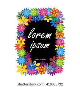 Vector color card with flowers frame and your text on the black background