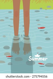 vector color card with water, fish and bare feet