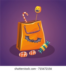 Vector color cartoon comic style illustration of Halloween candy bag