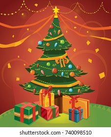 Vector color cartoon comic style Christmas greeting card design template of Christmas tree with gift boxes, garlands and lights