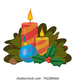 Vector color cartoon comic style Christmas flaming candle with Christmas ball and holly berry on green Christmas tree branches illustration with pinecone. Christmas isolated design concept element