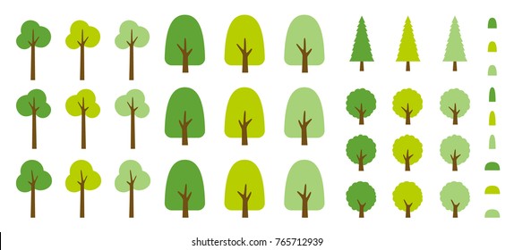 Vector color cartoon flat style park set on white background. Different trees, bushes and trunks in forest