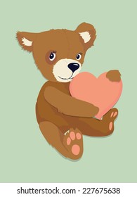 Vector color cartoon illustration of cute brown teddy bear holding heart | Soft toy teddy bear with heart vector illustration