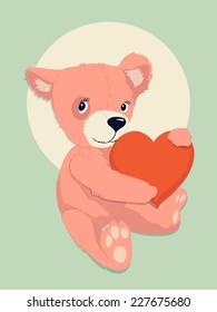 Vector color cartoon illustration of cute pink teddy bear holding heart | Soft toy teddy bear with heart vector illustration