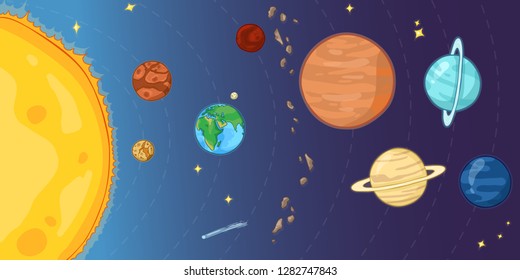 Vector Color Cartoon Illustration - Solar System with Sun, all Planets, Stars and Asteroids