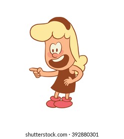 Vector color cartoon image of cute little girl. Little girl with blonde hair. Little girl is showing on something with finger on white background. Color image with brown tracings. Vector cartoon girl
