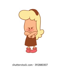 Vector color cartoon image of a cute little girl. Little girl with blonde hair. Little angry girl with her arms crossed on white background. Color image with brown tracings. Vector cartoon little girl